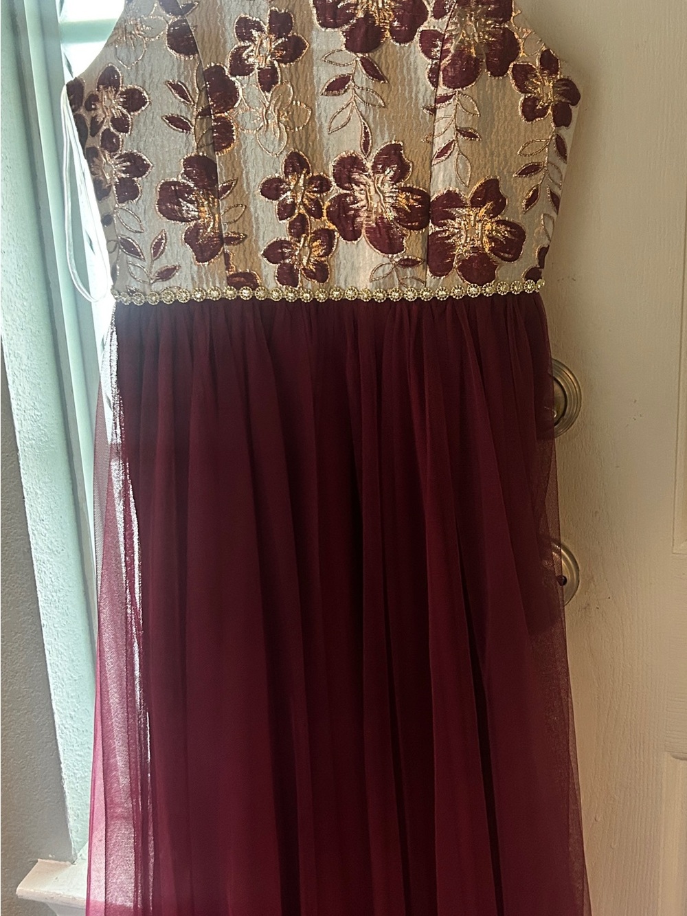 Girls' Burgundy Floral Halter Tulle Dress